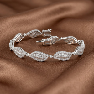 <b>Solid</b> 18k White <b>Gold</b> Natural Genuine Baguette Diamond Tennis Bracelet Marquise Leaf Link Cluster Setting Luxury Fine Jewelry - Product Image 2