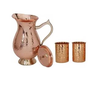 Pichet en cuivre pur avec couvercle, grande taille, artisanal, martelé, capacité 70 oz/2000 ml, 100 % cuivre pur - Product Image 1