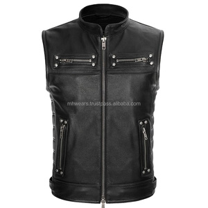 Gilet de motard en cuir noir pour homme, col montant, fermeture éclair, style moto, vêtement d'extérieur - Product Image 1