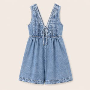 Mono vaquero sin mangas con cuello en V para mujer, con pliegues en el busto, cintura alta y cordón ajustable, ideal para playa y verano, venta al por mayor OEM ODM - Product Image 1