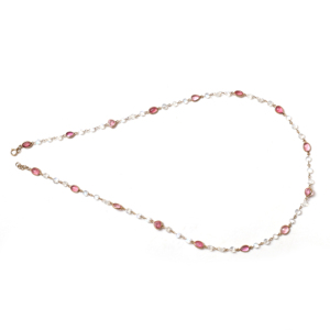 Natural <b>Pink</b> Tourmaline and Rainbow Moonstone Station Necklace in Solid 18K Yellow Gold Bezel Set Pear and Round Gemstone Chain - Product Image 3
