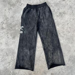 Circ Men's Black Sand Wash Sweatpants Elastic Waist Wide Leg Casual Joggers Heat Transfer Logo Right Leg Autumn Wear - Product Image 5