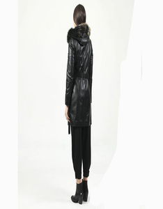Women's Black Genuine <b>Leather</b> Moto <b>Jacket</b> With Fur Trim Hood Zipper Closure <b>Long</b> Sleeve Winter Style - Product Image 2