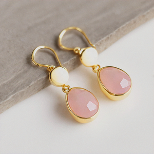 Venta caliente 925 Pendientes de gota de plata esterlina para mujer Chapado en oro de 18 quilates con Calcedonia rosa y Blanca Accesorio de moda - Product Image 3