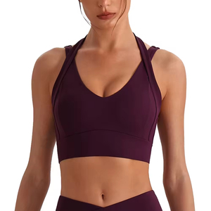 Sujetador deportivo de yoga sin costuras, talla grande, agradable al tacto, con tirantes cruzados, cuello en U, diseño sin espalda con logo frontal y detalles de encaje acanalado. - Product Image 6