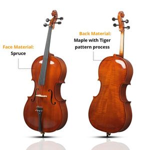 Violoncello 4/4 con pannello in abete naturale, motivo tigrato, con borsa, archetto, resina, ponticello, corde e fermagli alla moda - Product Image 6