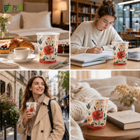 Gobelets en papier jetables écologiques personnalisés à imprimé floral de 8 oz, 12 oz et 16 oz pour café et gobelets à café, vente directe d'usine