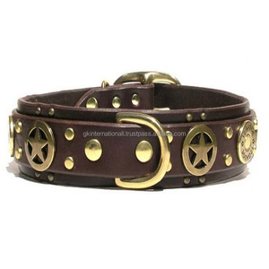 Collier de chien en cuir marron, tout neuf et élégant, cuir premium, décoration complète avec boucles et étoiles en bronze antique - Product Image 4