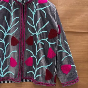 Luxury Gray <b>Velvet</b> Embroidered Suzani <b>Jacket</b> with Floral Print Full Sleeve Stand Collar Handmade Bohemian Autumn Coat - Product Image 6