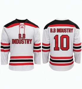 เสื้อฮอกกี้น้ำแข็งสีขาวกรมท่าแดงแบบคลาสสิกสั่งทำพิเศษจาก B.B Industry คอเชือกผูกแบบหนา ขนาดใหญ่ พรีเมียม ระบายอากาศได้ดี ผลิตด้วยเทคนิค Sublimation - Product Image 2