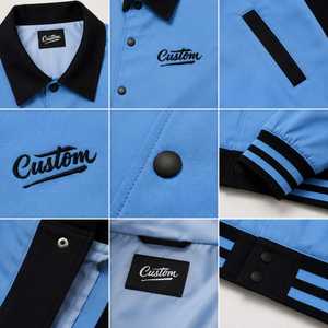 Veste universitaire bleue pour homme avec broderie personnalisée, manches noires, col rabattu décontracté, fermeture à boutons recouverts, en laine et viscose - Product Image 5