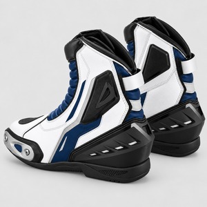 Bottes de moto en cuir blanc et bleu, haute tige, avec protection renforcée des orteils et du talon pour moto - Product Image 2