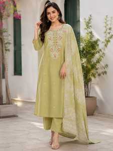 Conjunto de Traje de Tres Piezas Verde para Mujer, Kurta Bordada, Pantalón y Dupatta Estampada, Ropa Étnica, Proveedor Mayorista - Product Image 6
