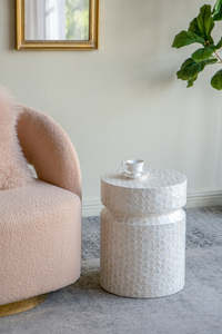 Delicate White Mother Of Pearl Drum <b>Table</b> Capiz Shell Mosaic Accent Stool MOP Round <b>End</b> <b>Table</b> Coastal For Living Room Bedroom - Product Image 3