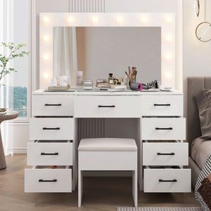 Large Lighted 12 LED Mirror Makeup Vanity Desk Set with 9 Drawers Glass Top Vanity Table with Power Outlet - Product Image 3