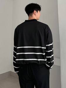 Polo rayé noir et blanc à manches longues pour hommes, chemise décontractée pour les trajets quotidiens, vêtements d'automne - Product Image 2