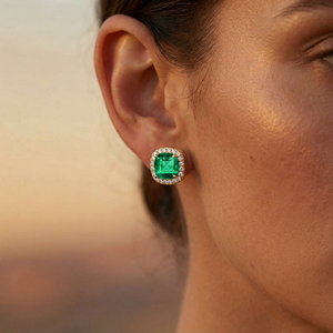 Elegant 18k Solid Gold Halo <b>Studs</b> Earrings Lab <b>Emerald</b> Gemstone & Real Certified Diamonds Fine Handmade Jewelry Gift For Her - Product Image 2