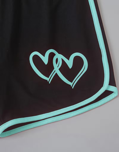 Girls 2-Piece Set Short Sleeve Crop Top With <b>Heart</b> Print <b>Black</b> Shorts With Turquoise Trim Breathable Polyester Cotton Casual - Product Image 6