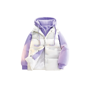 Blouson matelassé unisexe à capuche, color block violet et blanc, hiver, décontracté, coupe-vent, écologique, rembourrage en coton épais, tissu peigné - Product Image 1