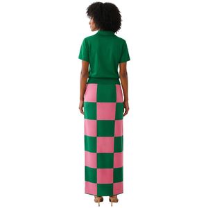 Pink Green Checkered Knit <b>Skirt</b> <b>Women</b> <b>Long</b> Length Casual Fashion Plaid <b>Skirt</b> Soft Stretch Fabric Stylish Daily Wear Apparel - Product Image 2