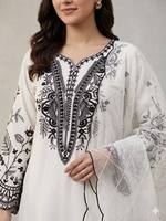 Ensemble 3 pièces Antra Lifestyle blanc et noir pour femme, coupe ample, kurta droite, palazzo, tenue de fête indienne et pakistanaise en coton lawn