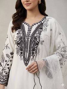 Trending White Black Straight Kurta Palazzo Suit 3 Piece Set Indian Pakistani Casual Party Wear Lawn Cotton Salwar Kameez Dress - Product Image 2
