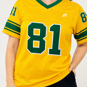 Proveedor de camisetas de fútbol americano personalizadas en color amarillo, diseños sublimados, impresión por transferencia, estilo vintage, corte holgado, malla, fabricadas en EE. UU. - Product Image 1