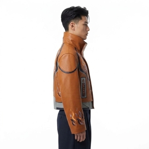 Chaqueta de Cuero Color Coñac para Hombre, con Bordado de Ojo de Fuego, Cuello Alto, Estilo Motero, Racer, Bomber, Ropa de Calle - Product Image 3