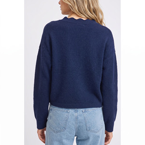 Cardigan court en maille bleu marine boutonné pour femme, à manches longues, pull décontracté d'hiver, couleur unie, anti-boulochage - Product Image 2