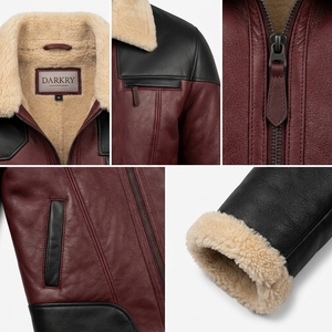 Mens Burgundy Black Contrast Panel Genuine Shearling Collar Leather <b>Jacket</b> <b>Vintage</b> Flight Pilot <b>Bomber</b> Winter Outerwear Garment - Product Image 6