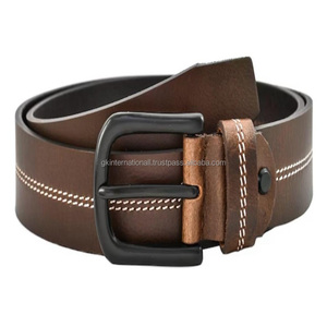 Cinturón Casual de Cuero Marrón de Grano Completo, Curtido Vegetalmente, para Hombre, con Doble Costura y Hebilla de Latón Plateado Negro - Product Image 4