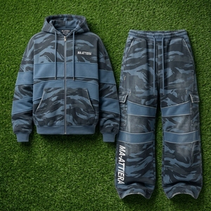 Men Blue Gray <b>Camouflage</b> Zip Up Hoodie Cargo <b>Tracksuit</b> Set Oversized Loose Fit Streetwear Panel Design Custom OEM ODM - Product Image 6