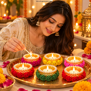 Decorative Tealight Holder with Pearl Border and Flower Design Pack of 6 Mixed <b>Colours</b> for Diwali Home Decor - Product Image 4