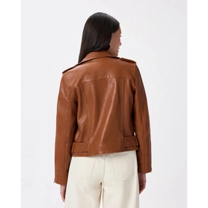Chaqueta de Motociclista de Cuero Genuino Personalizada para Mujer, Chaqueta de Moto Marrón, Ajustada, con Cierre y Cinturón, OEM ODM - Product Image 3