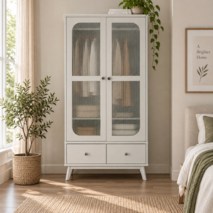 Armoire contemporaine en bois avec 2 tiroirs, armoire de rangement pour chambre à coucher, portes en verre côtelé, design minimaliste, structure durable - Product Image 1