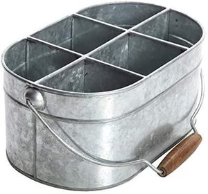 White 6 Compartments Metal Cutlery oval <b>Caddy</b> in Wooden Handle for <b>Kitchen</b> Storage Organizer - Product Image 3