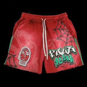 Shorts femme en molleton de coton premium 320 GSM, lavage acide, rouge, avec empiècements latéraux contrastants, impression sérigraphique, broderie, patch, logo personnalisé. - Product Image 1