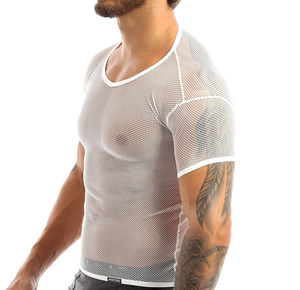 Camiseta sin mangas de malla transparente 100% algodón para hombre con logo frontal y serigrafía - Product Image 5