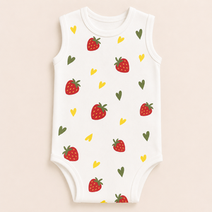 Débardeur bébé unisexe 100% coton imprimé fraises |   Ensemble de tenue d'été légère sans manches à fermeture à pression pour bébé, à porter au quotidien - Product Image 1