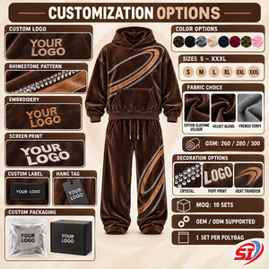 Ensemble de survêtement Premium Coffee Luxe Orbit 280 GSM en velours et velours côtelé avec strass et cristaux, comprenant un sweat à capuche et un pantalon ample, sweat à capuche Premium orné de strass - Product Image 5