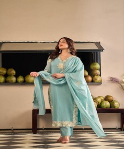 Ropa Étnica Tradicional Azul Claro para Mujer, Estilo Informal de Algodón hasta el Tobillo, Corte Regular, India Pakistán, 86025 SAHAJANAND- SI:-394 - Product Image 1