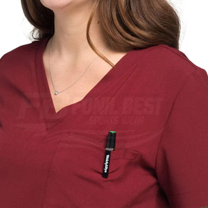 Women Scrub <b>Tops</b> Short Sleeve With Pocket <b>Maroon</b> Cotton Polyester Hospital Uniforms OEM Service - Product Image 2