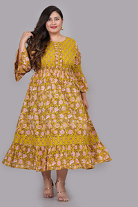 Ensemble ethnique en coton lurex imprimé floral, robe Anarkali verte à manches évasées, col rond, grande taille, vêtements décontractés pour femmes, vente en gros - Product Image 1