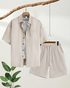 Men's Beige Short Sleeve Shirt Set Casual Summer Breathable Woven Cotton Shorts Button-Up Top Solid Color - Product Image 1