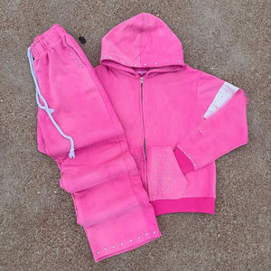 Ensemble de survêtement rouge à capuche pour filles, manches longues, fermeture éclair, détails en strass, couleur unie, ensemble décontracté pour l'automne - Product Image 5