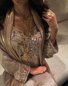 AWAIS HOUSE Muslim Plus Size Ethnic <b>Kaftan</b> Women Hand Beaded <b>Sequined</b> Taffeta Fused Lightweight Floor Length High Neck Long - Product Image 5
