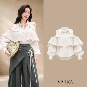 Women's Ivory Cold Shoulder Ruffle Blouse <b>Layered</b> Flounce Long Sleeve Chiffon Shirt Elegant Feminine Casual <b>Top</b> STELA - Product Image 1
