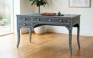 Table console artisanale en os incrusté, motif géométrique traditionnel, meuble rectangulaire en bois, décoration de bureau, utilisation intérieure - Product Image 3