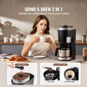 Cafetera Programable de 8 Tazas con Molinillo, Temporizador de 24 Horas, Preparación Automática, Carcasa de Vidrio, Enchufe del Reino Unido, para Hoteles - Product Image 2