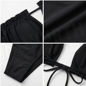 NORTH APPROACH Ensemble bikini bandeau noir à volants pour femme, 2 pièces, bas string, maillot de bain extensible, couleur unie, tricoté - Product Image 4